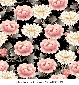 Chinese pink flower and spiral cloud seamless pattern background. Idea for greeting card, web banner design.