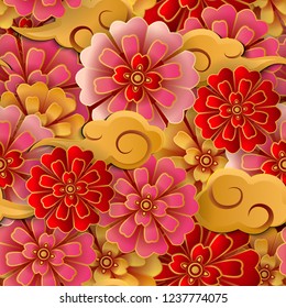 Chinese pink red gold flower and spiral cloud seamless pattern background. Idea for greeting card, web banner design.