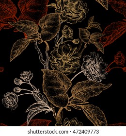 Chinese plum flower. Seamless vector pattern with gold foil embossing on a black background. Vintage illustration.