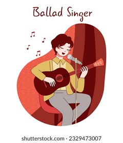 Chinese pop music. Ballad singer with a guitar singing to a microphone. Young performer on stage playing romance song. Flat vector illustration