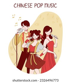 Chinese pop music. Musicians playing instrument and singing with a microphone. Girl and boy band, modern vocalist. Pop musician live performing. Flat vector illustration.