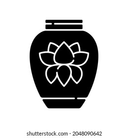 Chinese porcelain black glyph icon. Traditional asian ceramics. Ancient oriental pottery. Vase with lotus. Classic luxury decoration. Silhouette symbol on white space. Vector isolated illustration