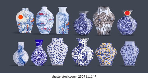 Chinese porcelain, ceramic vase vector illustration. Flower bowl, pottery antique with patttern ornamen on background.