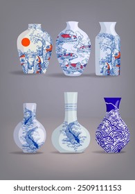 Chinese porcelain, ceramic vase vector illustration. Flower bowl, pottery antique with patttern ornamen on background.