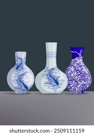 Chinese porcelain, ceramic vase vector illustration. Flower bowl, pottery antique with patttern ornamen on background.