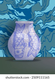 Chinese porcelain, ceramic vase vector illustration. Flower bowl, pottery antique with patttern ornamen on background.