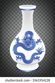 Chinese porcelain dragon pattern isolated on grid background.Graphic vector