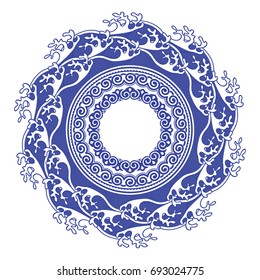 Chinese porcelain round frame with sea waves and ornaments. Vintage style illustration.