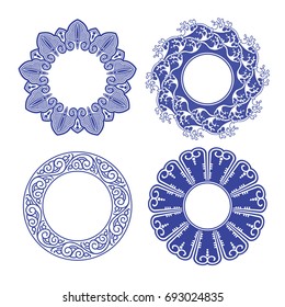 Chinese porcelain round frames with folk ornaments and sea waves set. Vintage style illustration.