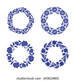 Chinese porcelain round frames with peony and chrysanthemum flowers, pomegranats and leaves set. Vintage style illustration.
