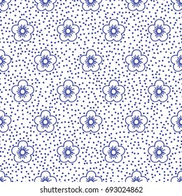 Chinese porcelain seamless pattern with dots and flowers. Abstract background. Blue and white colors.