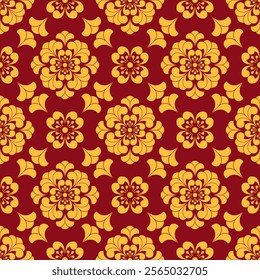 Chinese porcelain seamless pattern. Traditional Asian background. Oriental red and gold tone design. Vector design for woven, wallpaper, background, wrapping paper, backdrop, fabric and textile.