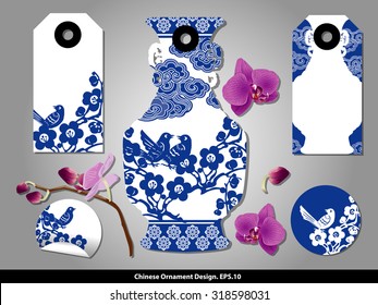 Chinese porcelain style cardboard vintage labels set. Vector.