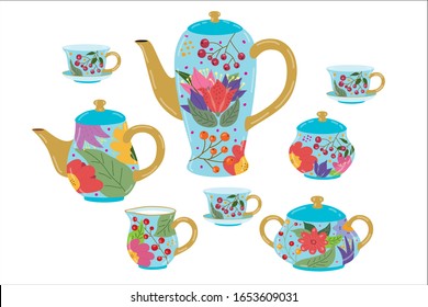 Chinese porcelain tea service in english style with floral ornament: sugar bowl, candy bowl, milk jug, saucer, cup, teapot. Afternoon tea time. Flat, cartoon, doodle. Trendy vector.