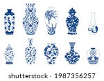 Chinese Porcelain Vase. Flower Bowl. Blue and White Porcelain Clip Art. Chinese porcelain vase set, ceramic vase, antique blue and white pottery vase with landscape painting. 