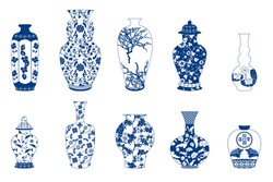 Chinese Porcelain Vase. Flower Bowl. Blue And White Porcelain Clip Art. Chinese Porcelain Vase Set, Ceramic Vase, Antique Blue And White Pottery Vase With Landscape Painting. 