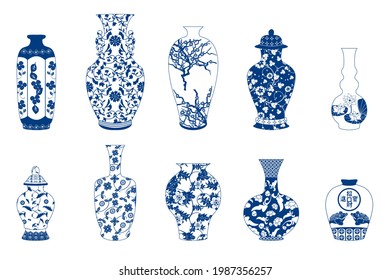 Chinese Porcelain Vase. Flower Bowl. Blue and White Porcelain Clip Art. Chinese porcelain vase set, ceramic vase, antique blue and white pottery vase with landscape painting. 