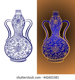 Chinese Porcelain Vase. Flower Bowl. Blue and White Porcelain Clip Art. Chinese porcelain vase set, ceramic vase, antique blue, and white pottery vase, hand-drawing