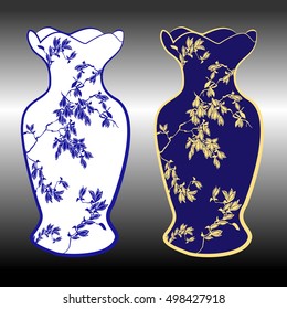 Chinese Porcelain Vase. Flower Bowl. Blue and White Porcelain Clip Art. Chinese porcelain vase set, ceramic vase, antique blue, and white pottery vase, hand-drawing