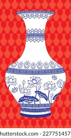 Chinese Porcelain Vase on red background. Blue and White Porcelain Clip Art. 