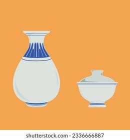 Chinese Porcelain Vase and tea cup. Flower Bowl. Blue and White Porcelain Clip Art. Families drink tea together.