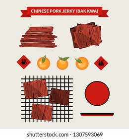 Chinese Pork Jerky snacks, chinese new year, chinese food and tradition, chinese snack called bak kwa (Translation: 福=blessings)