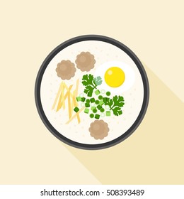 Chinese porridge rice, Hong kong Congee with parboiled egg and minced pork in bowl, flat design vector