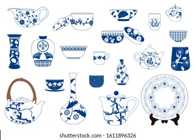 Chinese pottery and porcelain tableware set, Ceramic teapot, kettle, pitcher, plate, vase, bowl, jug, jar, pot, cup and saucer isolated on white. Asian  decorative elements for your interior design. 