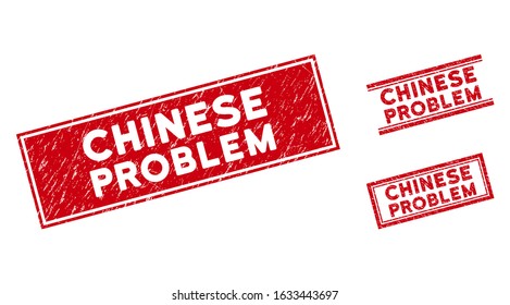 Chinese Problem seal stamps. Red vector rectangular scratched seals with Chinese Problem title. Useful for rubber imitations with scratched rubber surface.