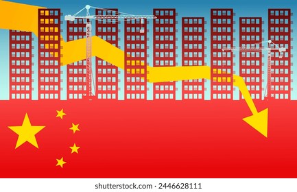 Chinese property sector crisis, financial crisis, China's Real Estate slump, flag of China and stock market decline