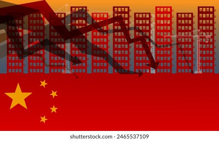 Chinese property sector crisis, financial crisis, China's Real Estate slump, flag of China and stock market decline	