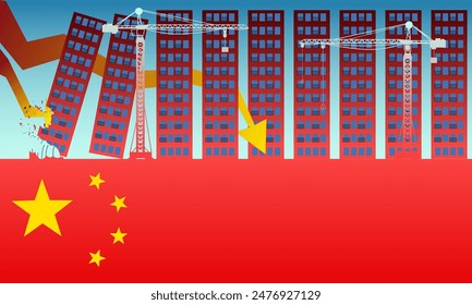 Chinese property sector crisis, financial crisis, China's Real Estate slump, flag of China and stock market decline	