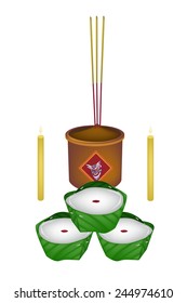 Chinese Pudding or Chinese Sweetmeat Made with Joss Sticks and Burning Candles for Pay Respect to God in Chinese New Year. 