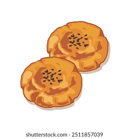 Chinese pumpkin cake,Traditional Crispy Chinese pumpkin cake dessert for holiday, deep fried recipe, yellow snack with black sesames on top  Authentic Asian cuisine vector illustration.  