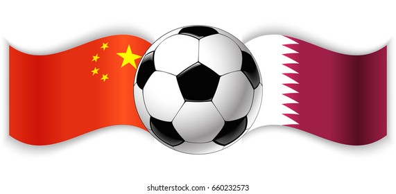 Chinese and Qatari wavy flags with football ball. China combined with Qatar isolated on white. Football match or international sport competition concept.