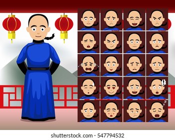 Chinese Qing Man Cartoon Emotion faces Vector Illustration