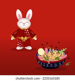 Chinese rabbit, bunny in kimono with plate of noodles with shrimp, peppers, lamone, beans. Vector illustration for cover, menu, postcards, banner and social media post