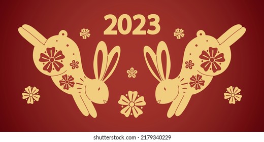 Chinese rabbit . Golden traditional New Year zodiac animal, gold bunny silhouette on red background, 2023 Horoscope. Banner or poster decor. Asian lunar calendar, vector oriental illustration