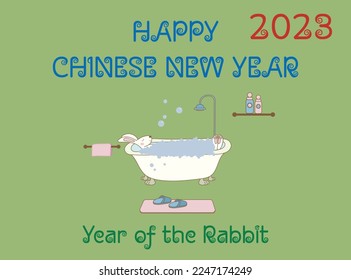 Chinese Rabbit New Year 2023 with a rabbit taking a bath with text and green background