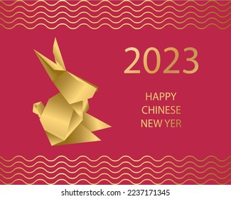Chinese Rabbit New Year.Red background with gold inscription 2023 and rabbit logo.Vector illustration