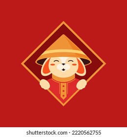 Chinese rabbit New Year lunar calendar mascot rhombus geometric frame icon vector illustration. Asian bunny hare in cone hat ethnic traditional costume in squared border Oriental holiday festive logo