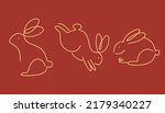 Chinese rabbit set. Golden traditional New Year zodiac animal, clouds and flowers, gold bunny silhouette on red background, 2023 Horoscope, decor elements. Asian lunar calendar, vector illustration