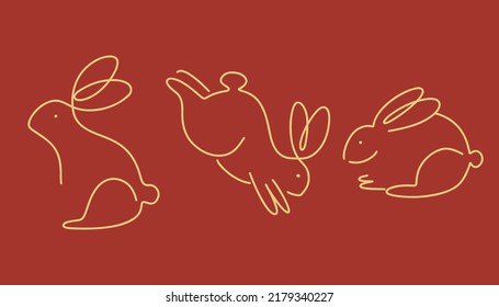 Chinese rabbit set. Golden traditional New Year zodiac animal, clouds and flowers, gold bunny silhouette on red background, 2023 Horoscope, decor elements. Asian lunar calendar, vector illustration