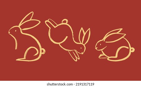 Chinese rabbit set. Golden traditional New Year zodiac animal, clouds and flowers, gold bunny silhouette on red background, 2023 Horoscope, decor elements. Asian lunar calendar, vector illustration