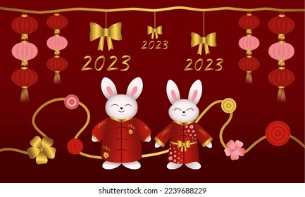 Chinese rabbits, bunnies, hare in red kimono. Vector illustration. Chinese new year design element for cover, print, postcards, web, invitations, posters and announcements of the party