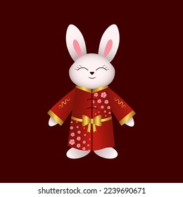 Chinese rabbits, bunnies, hare in red kimono. Vector illustration. Chinese new year design element.