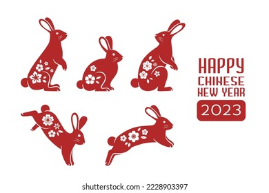 Chinese rabbits set. Chinese lunar new year animal with flowers ornaments.