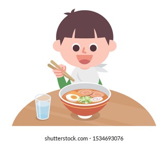 Chinese ramen is in front of the boy ’s eyes