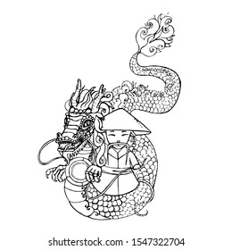 Chinese rat in straw hat on dragon's back. Coloring page. Isolated on white. Chinese New Year. Symbol of 2020. Hand-drawn vector stock illustration. Clip art. Doodle. Asian. Japanese. Line art.