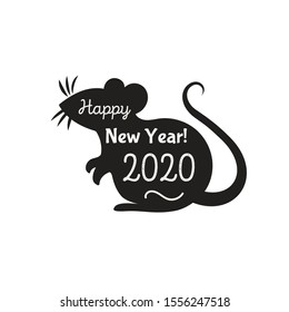 Chinese rat zodiac 2020 black color with sign Happy New Year for holiday card, party poster, invitation, flyer, decor element. Traditional rat cute style. Vector 10 eps